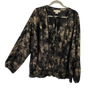 Michael Kors 3X Black Metallic Top Tie V Neck Dolman Sleeve Chiffon Smocked Hem